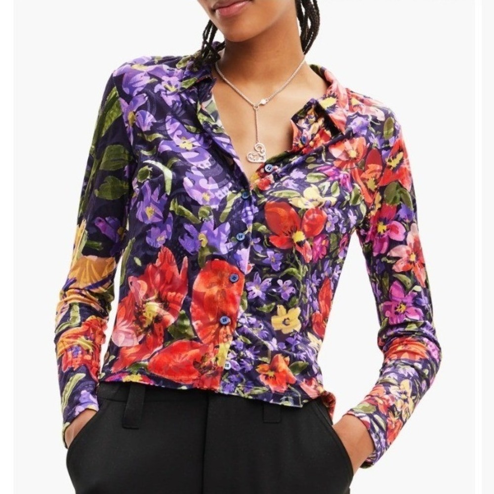 Desigual Bertha Floral Velvet Devore Button-Up Shirt L Multicolor Whimsical Boho
